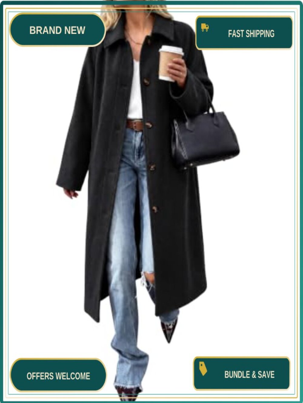 Long Pea Coat Wool Blend Single Breasted Lapel Oversized Winter Overcoat